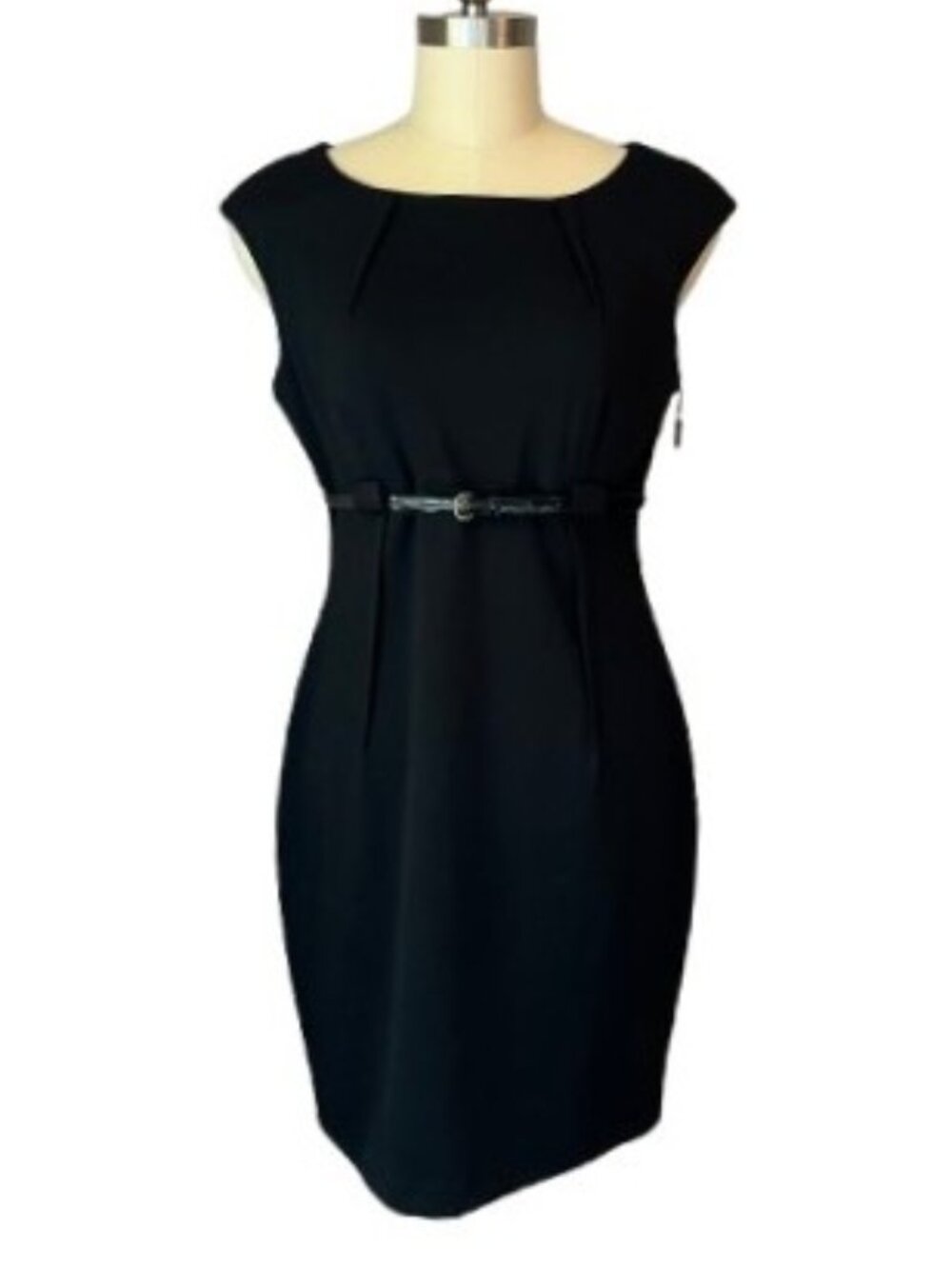 Calvin Klein Black Sheath Dress Belted Minimalist LBD Size 12 NWT